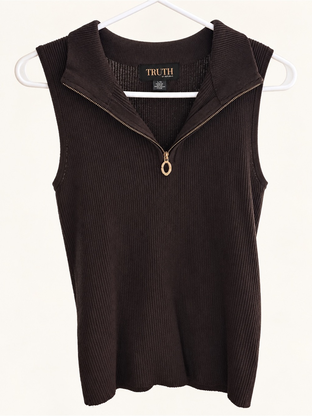 TRUTH Ribbed Sleeveless Zip Collar Tank in Dark Brown